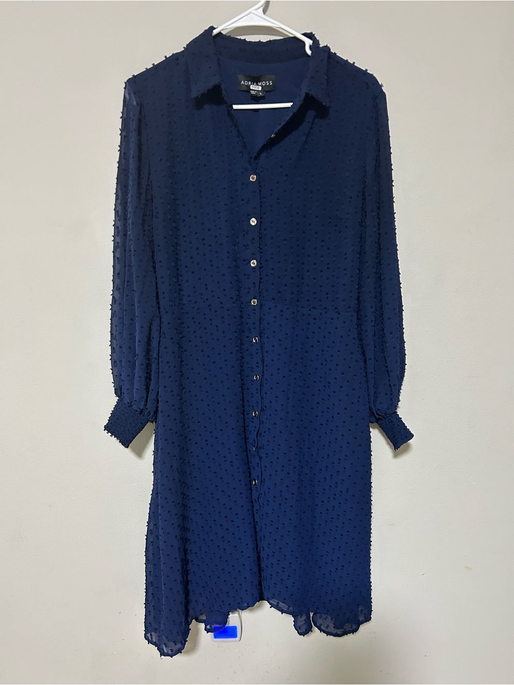 Adria Moss Navy Blue Swiss Dot Button Front Shirt Dress Size L 0272